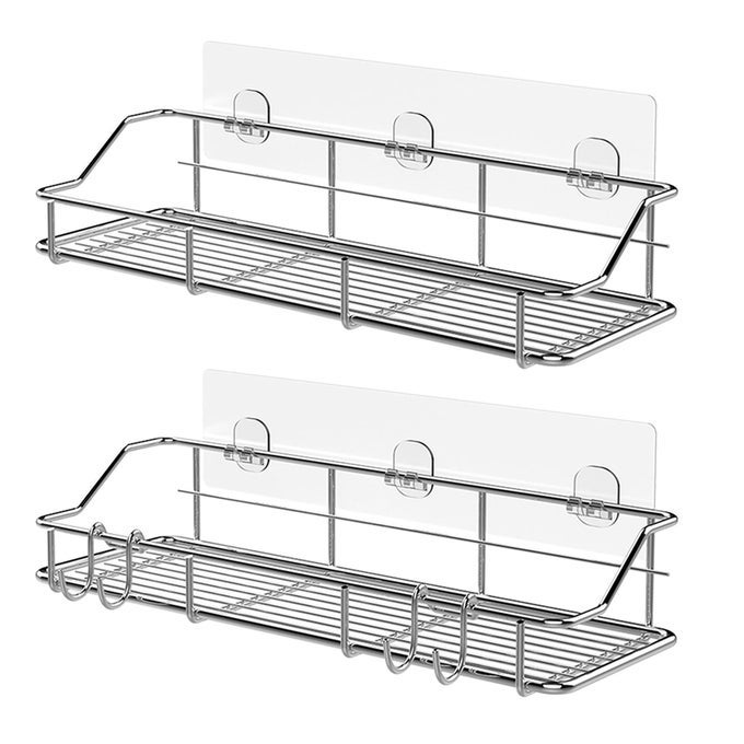 ADHESIVE SHOWER CADDY SHOWER SHELF ORGANIZER FOR BATHROOM ORGANIZATION WITH HOOKS SUS304 STAINLESS STEEL 2 PACK SILVER