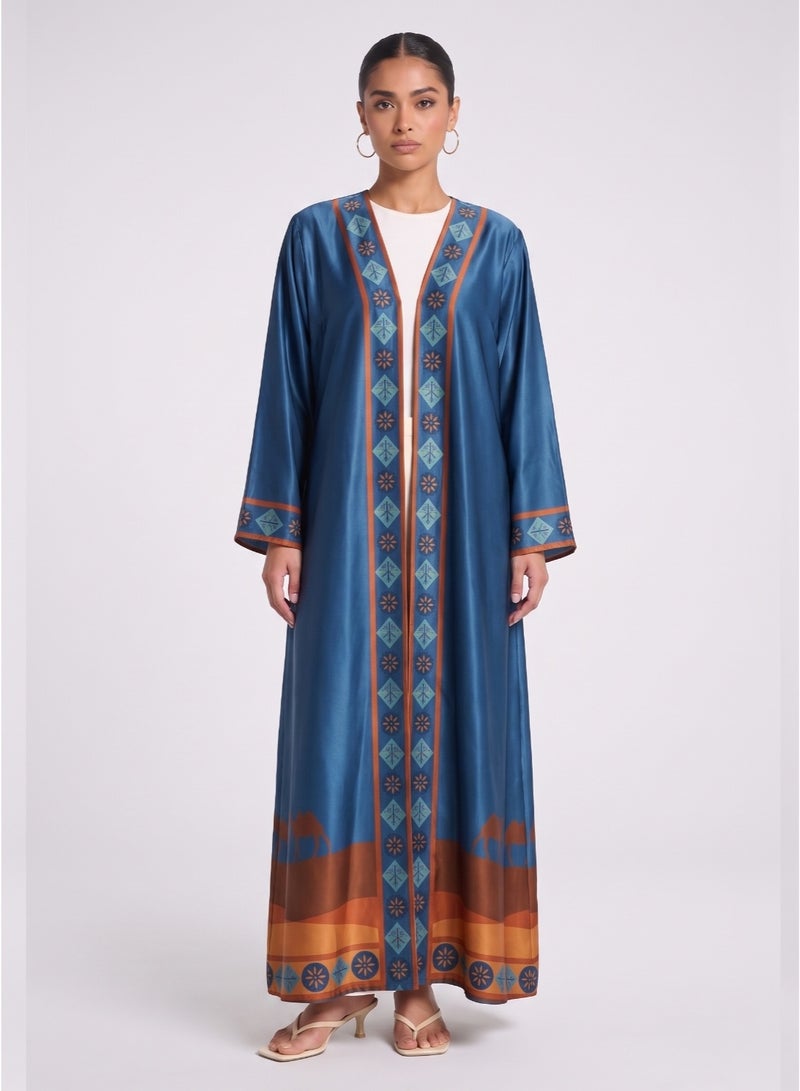 Next Abaya Blue Heritage Print Silk Open Abaya Desert Camel and Palm Tree Pattern - Image 1