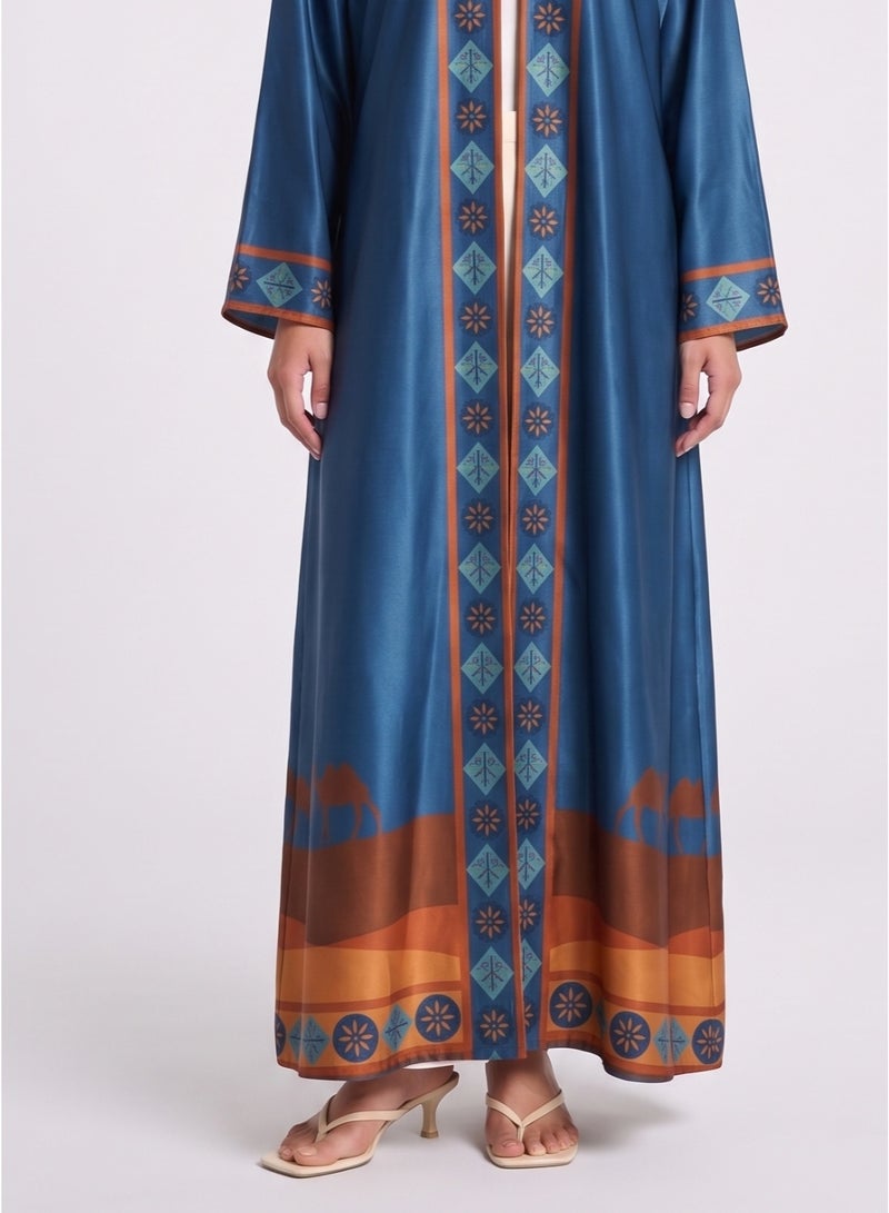 Next Abaya Blue Heritage Print Silk Open Abaya Desert Camel and Palm Tree Pattern - Image 3