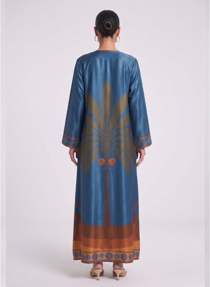 Next Abaya Blue Heritage Print Silk Open Abaya Desert Camel and Palm Tree Pattern - Image 2
