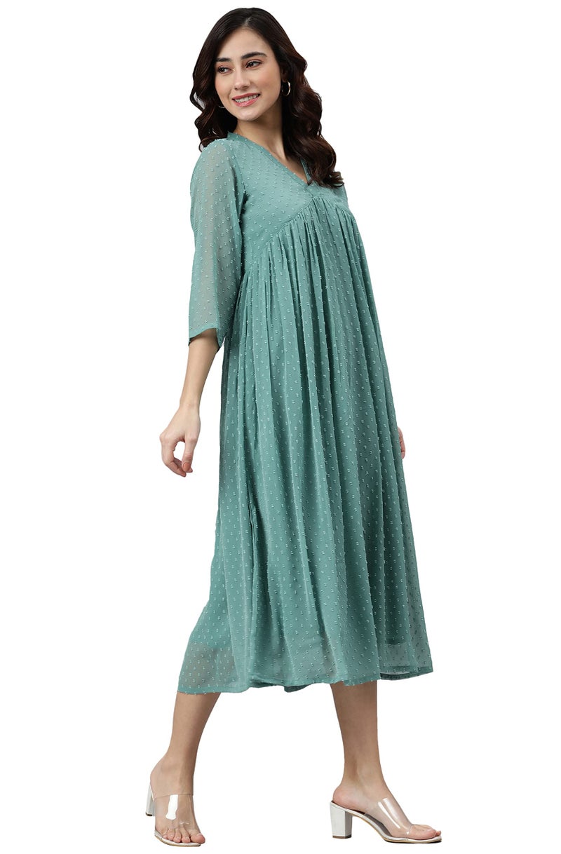Janasya Women's Green Dobby Chiffon Self Design Flared Western Dress (JNE3797-KR-A-XXXL) - Image 2