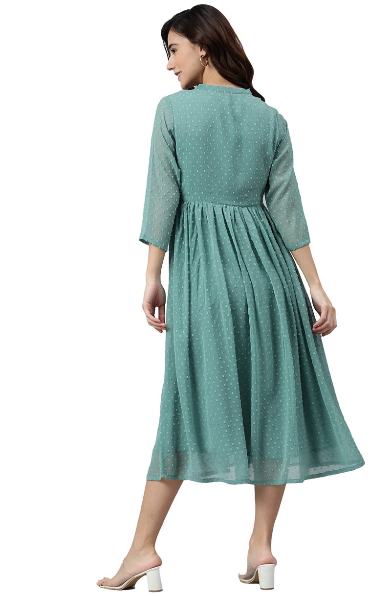 Janasya Women's Green Dobby Chiffon Self Design Flared Western Dress (JNE3797-KR-A-XXXL) - Image 4