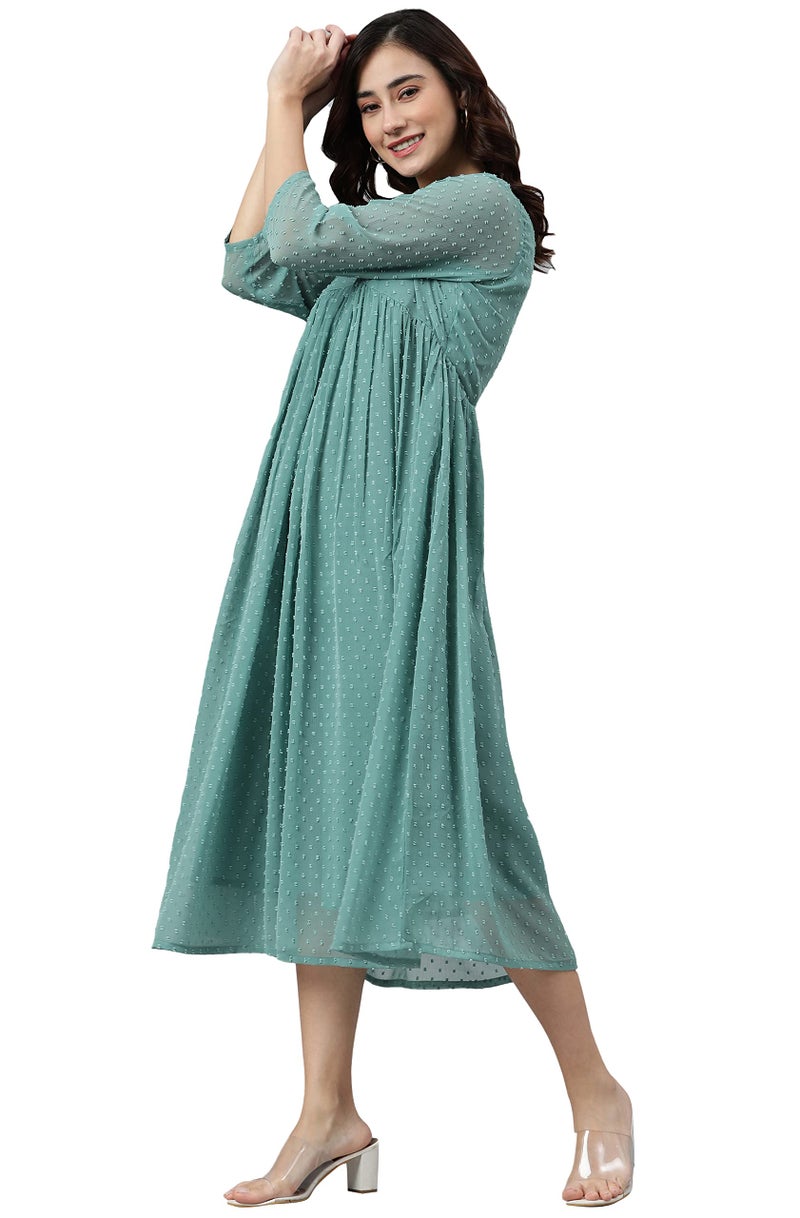Janasya Women's Green Dobby Chiffon Self Design Flared Western Dress (JNE3797-KR-A-XXXL) - Image 3