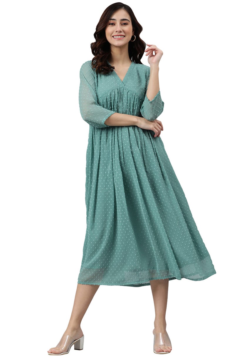 Janasya Women's Green Dobby Chiffon Self Design Flared Western Dress (JNE3797-KR-A-XXXL) - Image 1