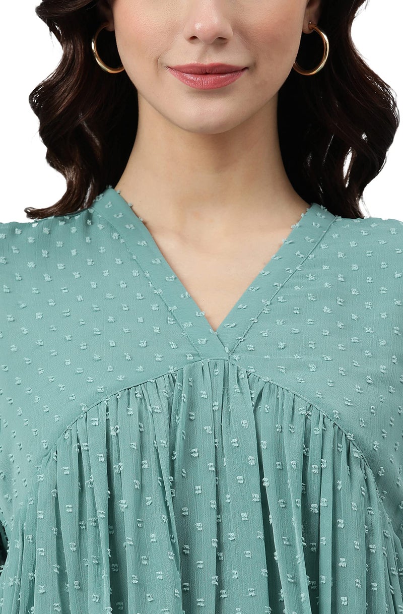 Janasya Women's Green Dobby Chiffon Self Design Flared Western Dress (JNE3797-KR-A-XXXL) - Image 5