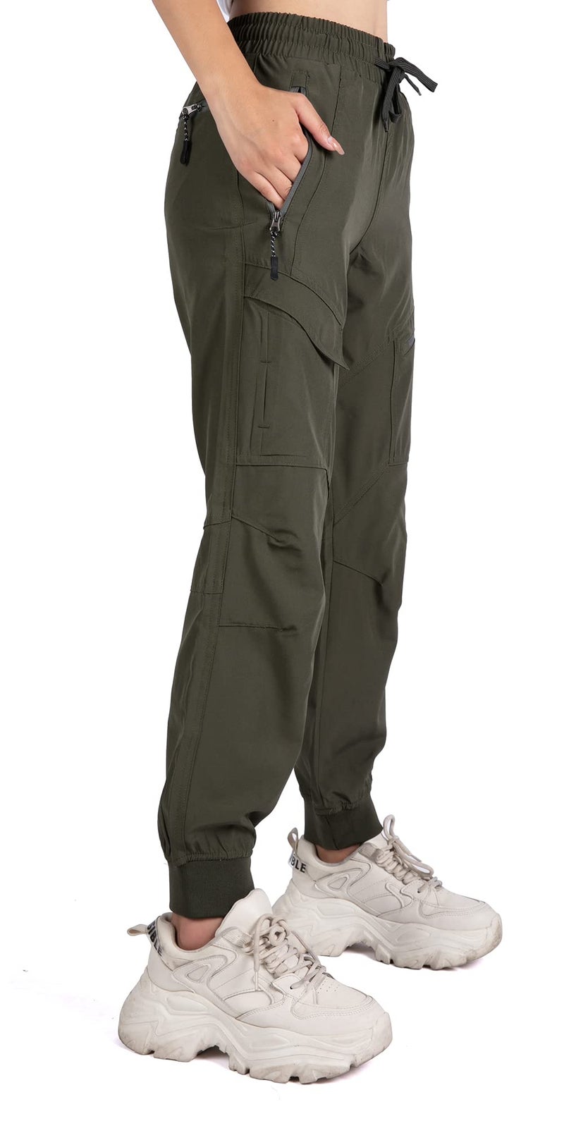 Singbring Women's Athletic Hiking Cargo Joggers Pants Outdoor Workout Lightweight Quick Dry UPF 50 Zipper Pockets (AGreen88-M) - Image 3