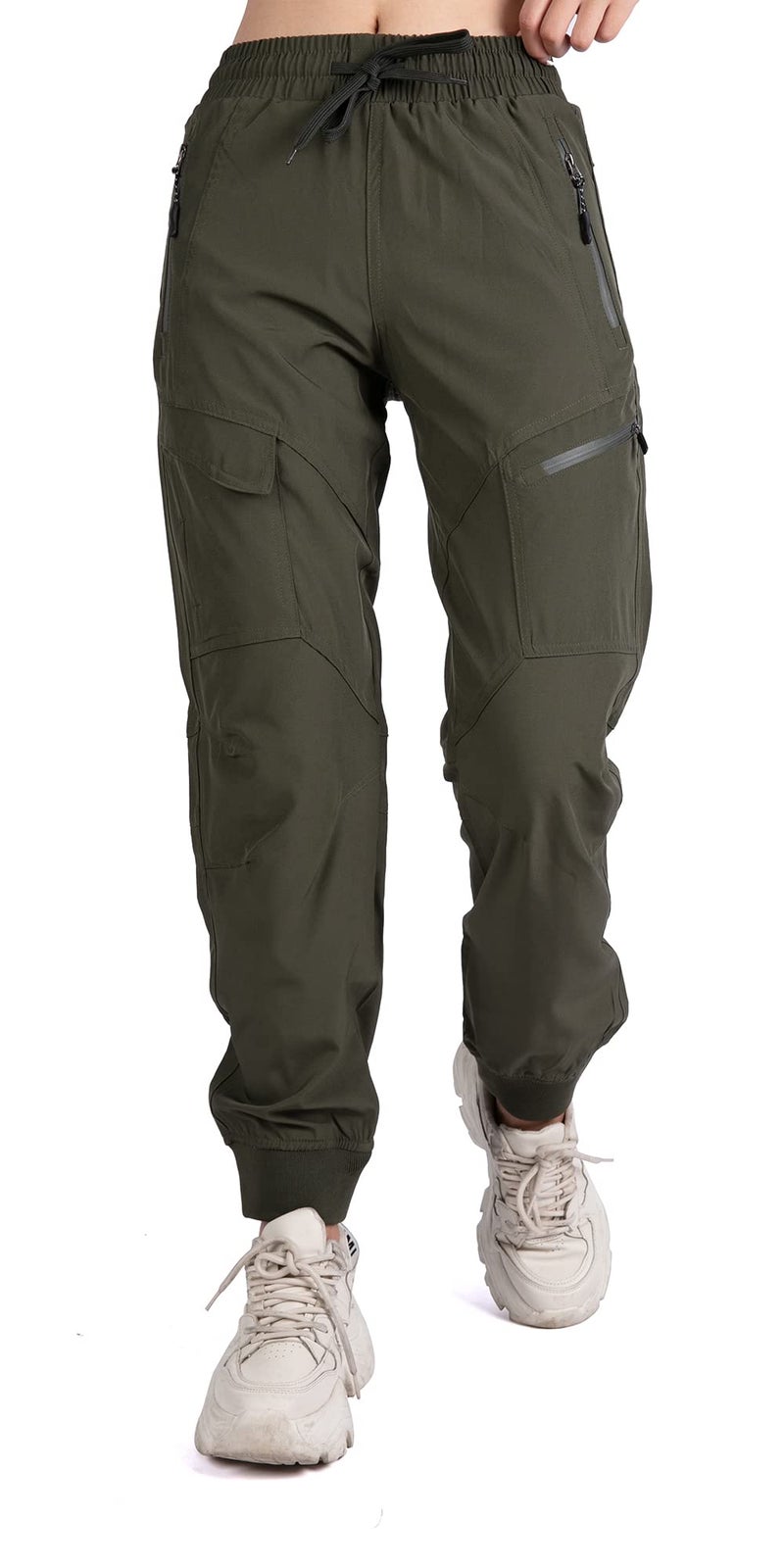 Singbring Women's Athletic Hiking Cargo Joggers Pants Outdoor Workout Lightweight Quick Dry UPF 50 Zipper Pockets (AGreen88-M) - Image 1