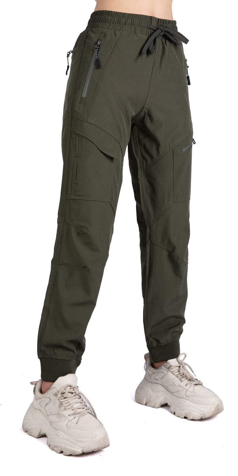 Singbring Women's Athletic Hiking Cargo Joggers Pants Outdoor Workout Lightweight Quick Dry UPF 50 Zipper Pockets (AGreen88-M) - Image 2