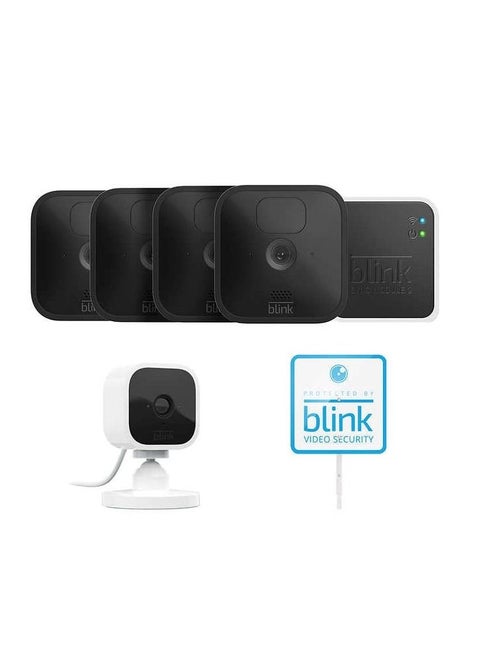 Blink 5 Camera Security System - 4 Outdoor Battery Powered Cameras, 1 Mini Indoor Plug-in Camera, with Yard Sign