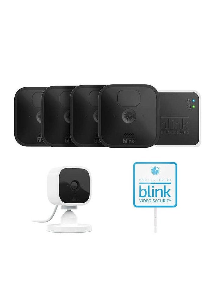Blink - Blink 5 Camera Security System - 4 Outdoor Battery Powered Cameras, 1 Mini Indoor Plug-in Camera, with Yard Sign - Image 1