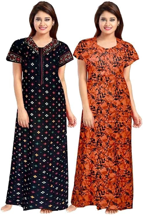 Vlazom Women’s Cotton Printed Maxi Nighty – Ankle Length Night Dress Gown, Pack of 2, Free Size – Soft & Breathable Sleepwear (Blue&Musterd, Free Size) - Image 5