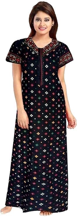 Vlazom Women’s Cotton Printed Maxi Nighty – Ankle Length Night Dress Gown, Pack of 2, Free Size – Soft & Breathable Sleepwear (Blue&Musterd, Free Size) - Image 3