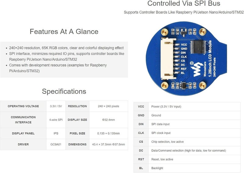 Waveshare 1.28inch Round LCD Display Module 65K RGB Colors 240×240 Resolution with SPI Interface Embedded GC9A01 Driver, Raspberry Pi 5/4B/3B/Zero/Zero W/Zero 2W/Pico/Pico W/Pico WH - Image 4