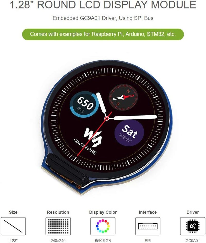 Waveshare 1.28inch Round LCD Display Module 65K RGB Colors 240×240 Resolution with SPI Interface Embedded GC9A01 Driver, Raspberry Pi 5/4B/3B/Zero/Zero W/Zero 2W/Pico/Pico W/Pico WH - Image 3