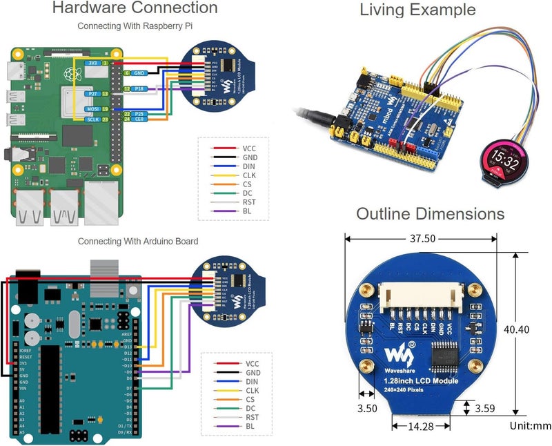 Waveshare 1.28inch Round LCD Display Module 65K RGB Colors 240×240 Resolution with SPI Interface Embedded GC9A01 Driver, Raspberry Pi 5/4B/3B/Zero/Zero W/Zero 2W/Pico/Pico W/Pico WH - Image 5