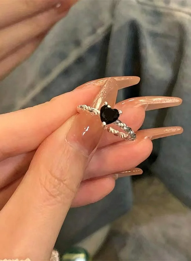 تايك تو Silver Tone Heart Ring with Black Gemstone