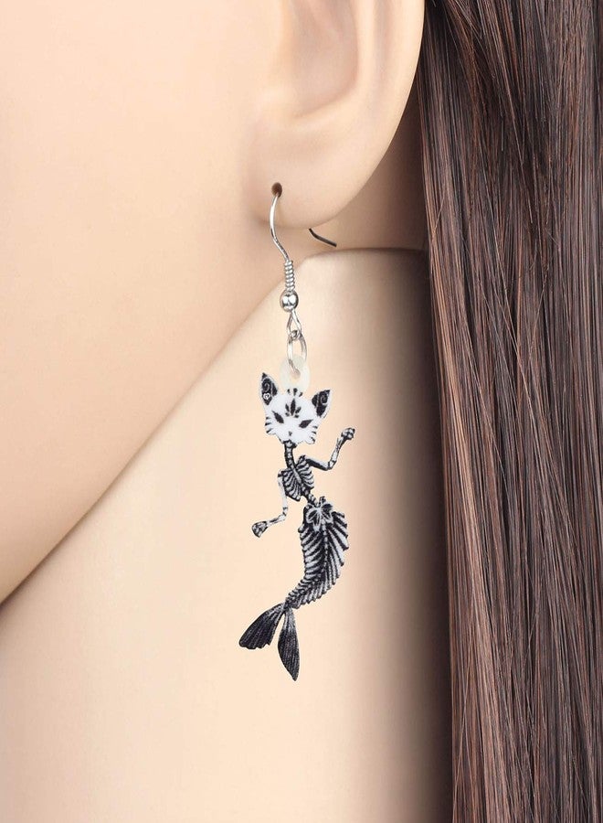 DUOWEI Halloween Mermaid Skull Cat Earrings Acrylic Funny Dangle Jewelry for Women Gifts (Black) - Image 2