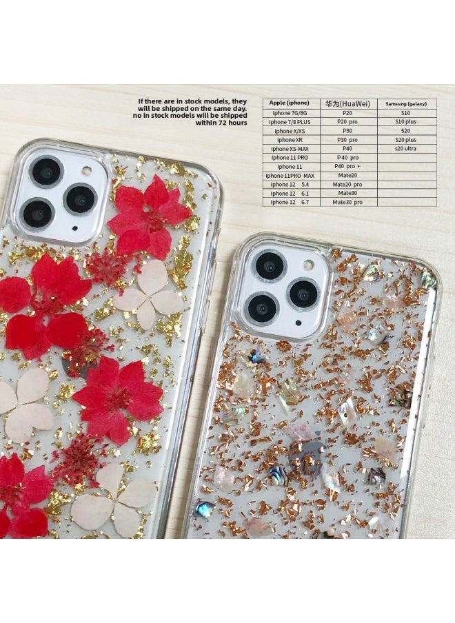 Generic - Luxury Iphoe 15/12 Drop Glue Mobile Phone Case Dried Flower Gold Foil Drop Glue Protective Case-Color:A020 Purple Flower-Applicable Model:For Iphone13pro - Image 1