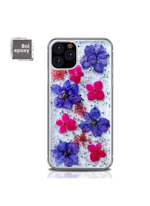 Luxury Iphoe 15/12 Drop Glue Mobile Phone Case Dried Flower Gold Foil Drop Glue Protective Case-Color:A020 Purple Flower-Applicable Model:For Iphone13pro