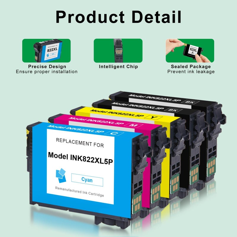 SAILNER Remanufactured Ink Cartridge Replacement for Epson 822XL Ink Cartridges 822 XL T822 High Yield Latest Upgrade for Epson Workforce Pro WF-3820 WF-4830 WF-4820 WF-4830 WF-4833 Printer 822XL (5 Pack) - Image 2