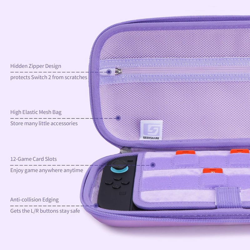 Kuitmor Carrying Case Compatible with Switch 2 (2025) 7.9 Inch, Hard-Shell Slim Travel Case with 12 Game Card Slots for Switch 2 Console and Accessories, Candy Party (Purple) - Image 3