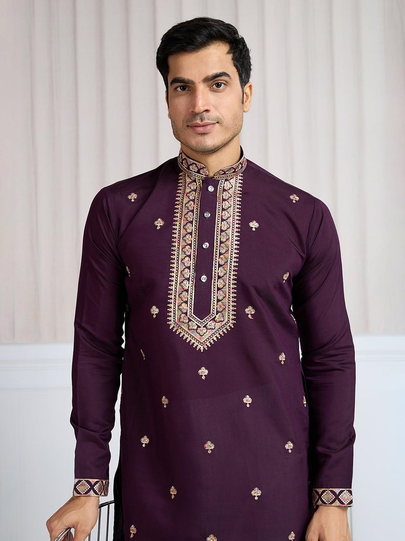 Kalaanj Men's Embroidered Silk Kurta || Only Kurta (KALSS2501MK-Maroon-L) - Image 4