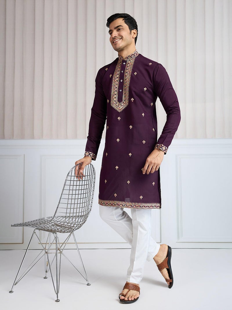 Kalaanj Men's Embroidered Silk Kurta || Only Kurta (KALSS2501MK-Maroon-L) - Image 3