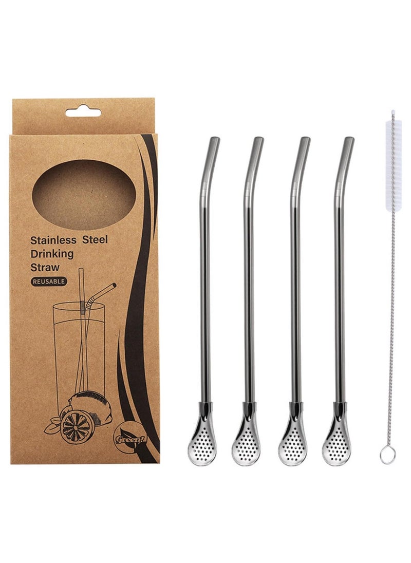 KINTEGOOD 4pcs Spoon Straws Stainless Steel With Filter Spoon Drinking Spoon Straws Reusable Stainless Straws With Long Cleaning Brush Suitable For Fruit Juice With Pulp Watermelon Milk Tea Silver  - Image 1