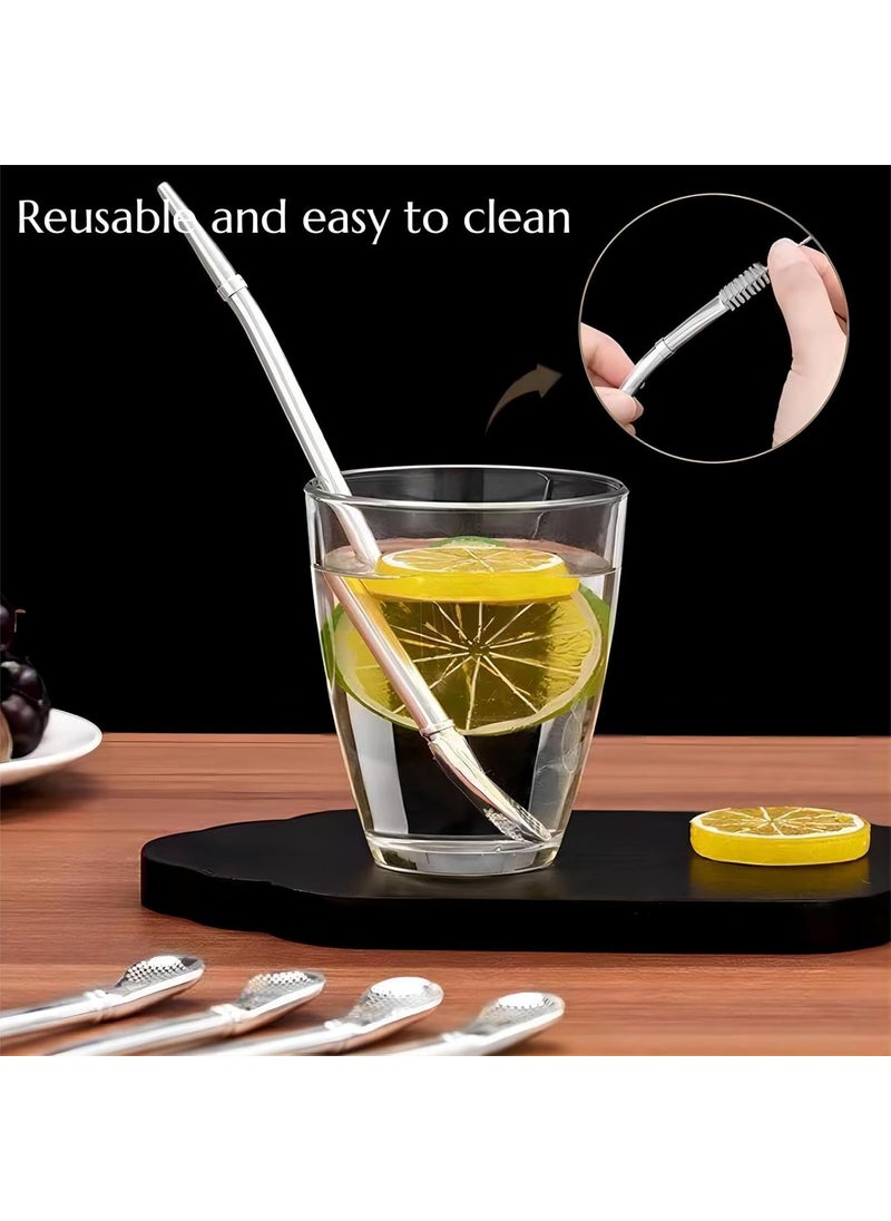 KINTEGOOD 4pcs Spoon Straws Stainless Steel With Filter Spoon Drinking Spoon Straws Reusable Stainless Straws With Long Cleaning Brush Suitable For Fruit Juice With Pulp Watermelon Milk Tea Silver  - Image 4