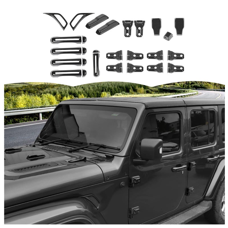 SQQP Carbon Fiber 22PCS Full Set Exterior Decoration Trim Kit Fit for 2018-2025 Jeep Wrangler JL JLU 2/4 Doors, Door Hood Engine Hinge Covers Door Handle Side Vent Tailgate Window Hinge Cover - Image 1