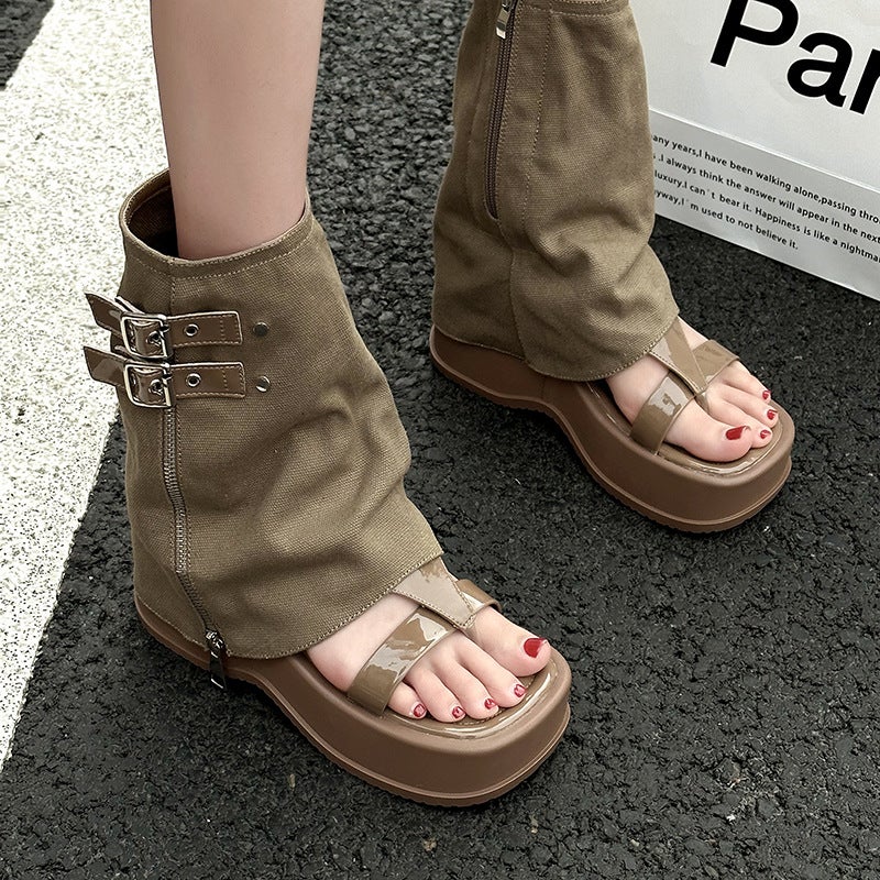 Internet Popular Design Sense Niche Trousers Boots Sandals Women'S Summer Denim Short Boots Thick Bottom Low Boots - Image 2
