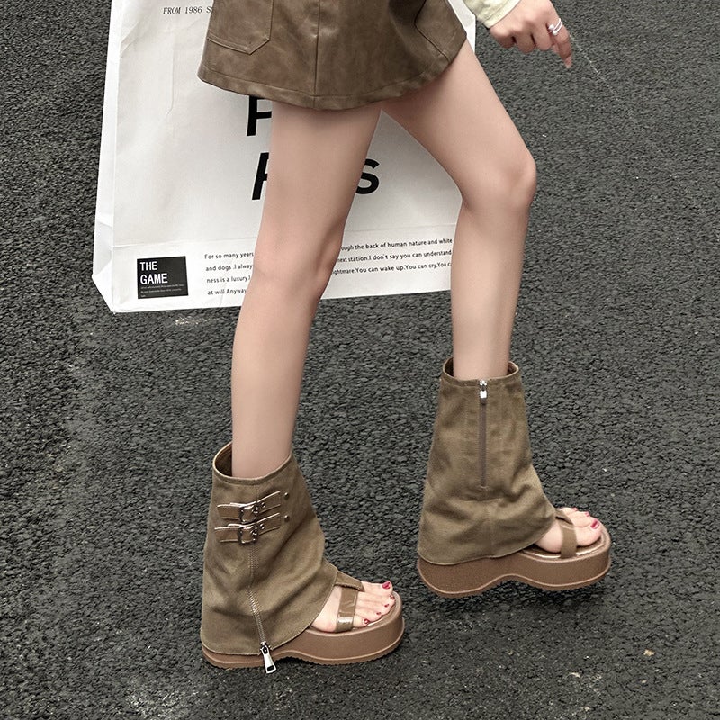 Internet Popular Design Sense Niche Trousers Boots Sandals Women'S Summer Denim Short Boots Thick Bottom Low Boots - Image 4