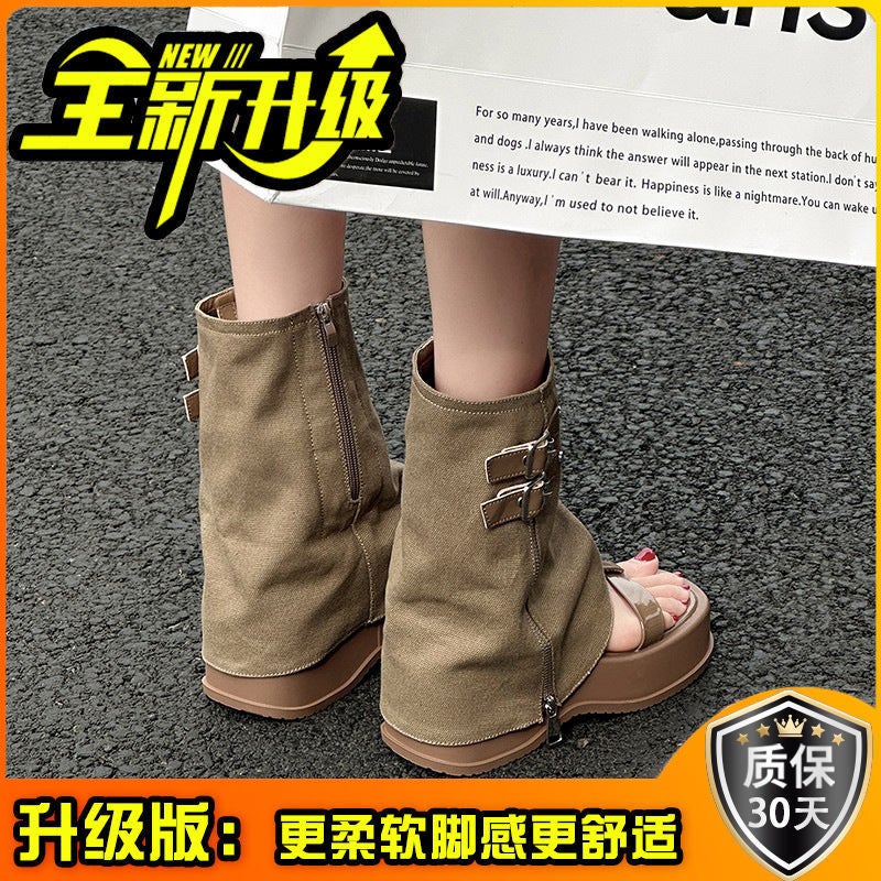 Internet Popular Design Sense Niche Trousers Boots Sandals Women'S Summer Denim Short Boots Thick Bottom Low Boots - Image 1