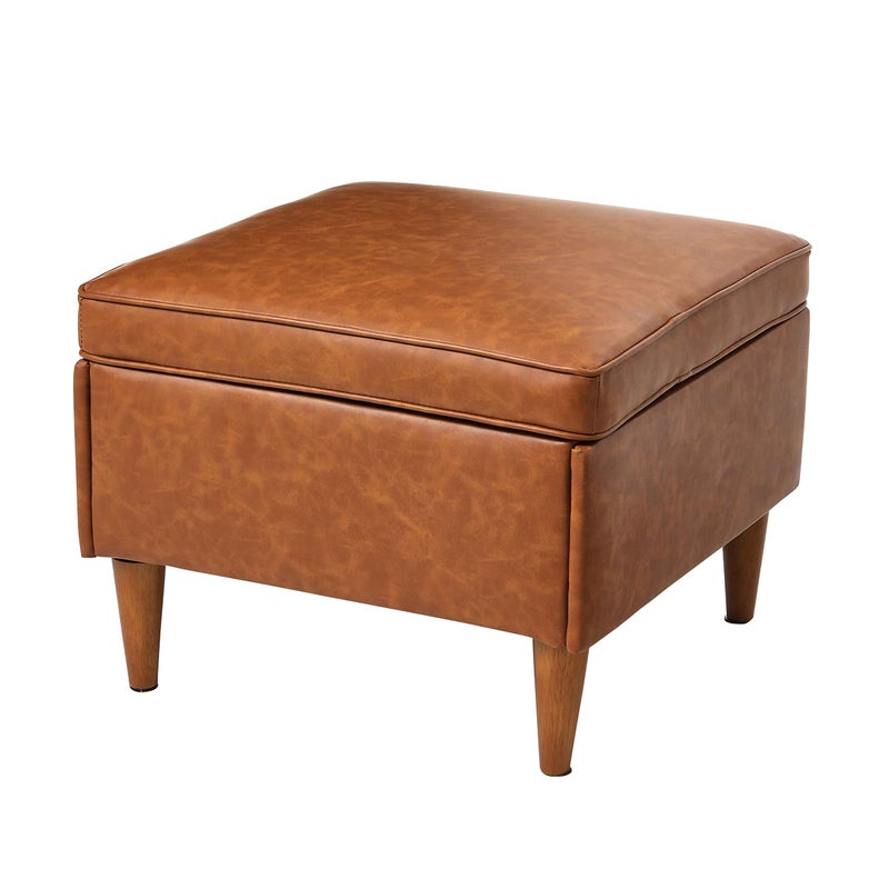 Creative CoOp Atley Upholstered Modern Ottoman with Storage and Solid Wood Legs Cognac Vegan Leather