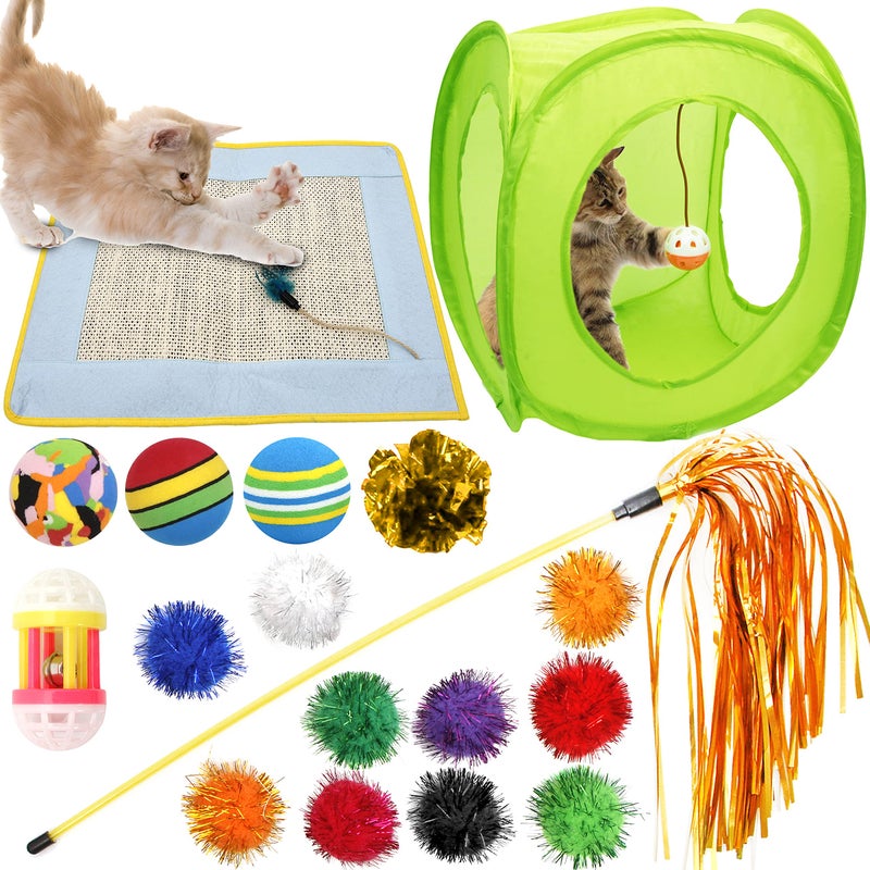 Youngever 18 Cat Toys Kitten Toys Assortments, Cat Teaser Wand, Interactive Bell Toy, Sparkle Balls for Cat, Puppy, Kitty, Kitten (with Square Tunnel and Scratching Mat) - Image 1