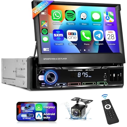 Podofo Upgrade Wireless CarPlay Single Din Radio 7 Inch Flip Out Touchscreen Car Stereo with Wireless Android Auto Bluetooth Mirror Link AM/FM USB Car Play Car Audio Receiver HD Backup Camera - Image 1