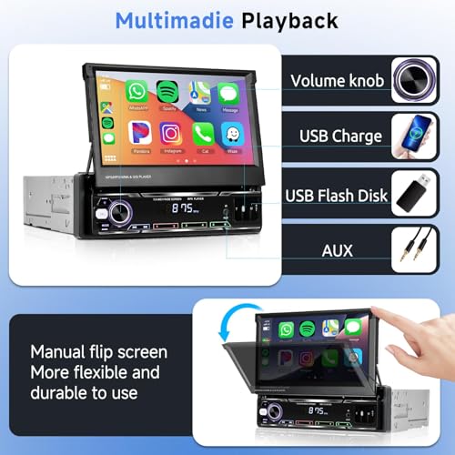 Podofo Upgrade Wireless CarPlay Single Din Radio 7 Inch Flip Out Touchscreen Car Stereo with Wireless Android Auto Bluetooth Mirror Link AM/FM USB Car Play Car Audio Receiver HD Backup Camera - Image 5