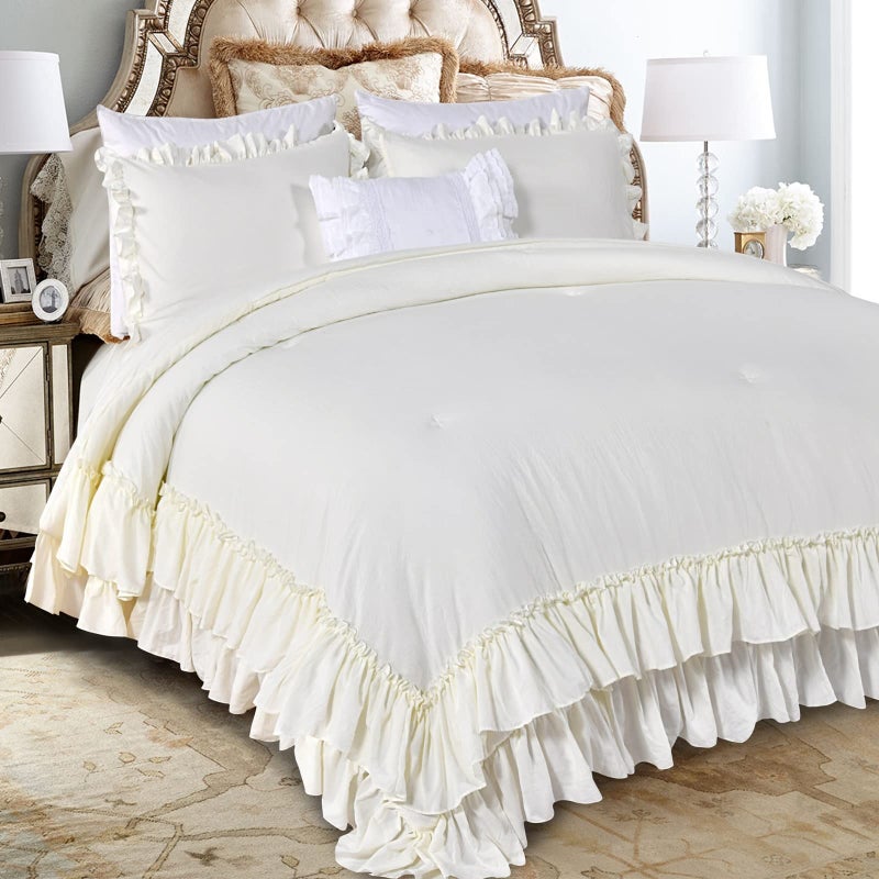 QSH Ruffle Comforter Set King Size Shabby French Country Chic Bedding Ivory Comforter Sets 3 Pieces Farmhouse Lightweight Boho Comforter Set for Bed Ultra Soft Microfiber Fluffy Bedding