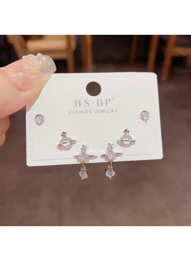 S925 Silver Needle Micro Inlaid Zircon Short Earrings Short Hair Earrings And Korean Elegant All-match Simple Three-piece Set Earrings For Women 