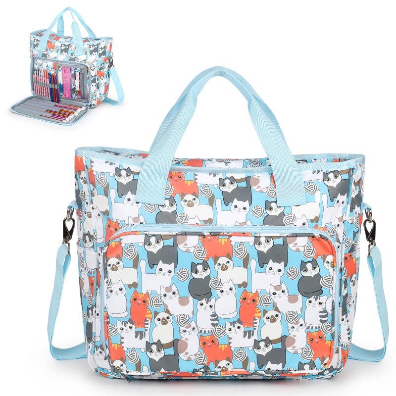 Aeelkie Knitting Bag Large Crochet Bag Yarn Storage Bag Craft Bag with Compartments Portable Knitting Storage Organiser Tote Bag for Carrying Projects Wool Knitting  Crochet Tools Cute Blue Cat