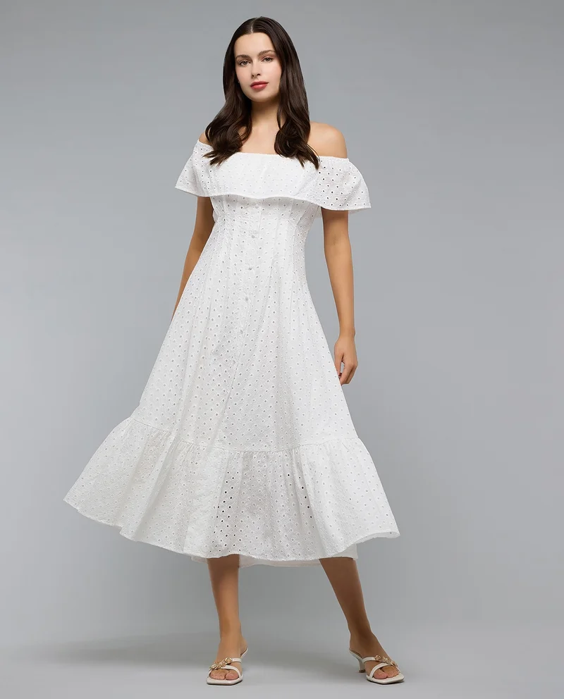 أر أند بي Schiffli Midi Dress with Off Shoulder