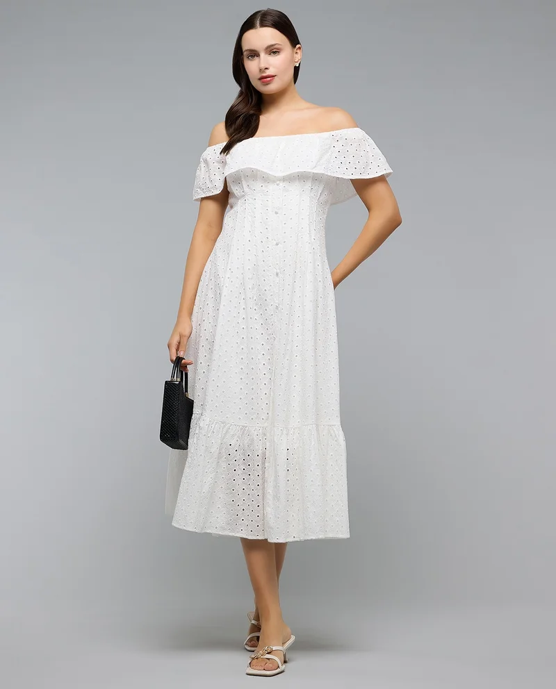 أر أند بي Schiffli Midi Dress with Off Shoulder