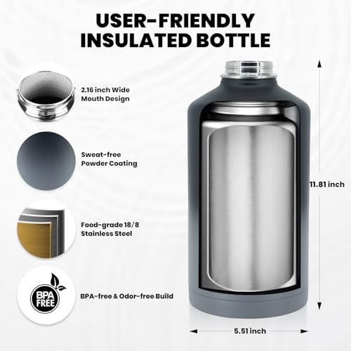 RAYMYLO One Gallon Water Bottle Insulated, Triple Walled Vacuum Stainless Steel (Cold for 48 Hrs), Leak Proof & Non-BPA, Large Water Flask Jug with Paracord Handle & Straw Spout Lids - Image 5