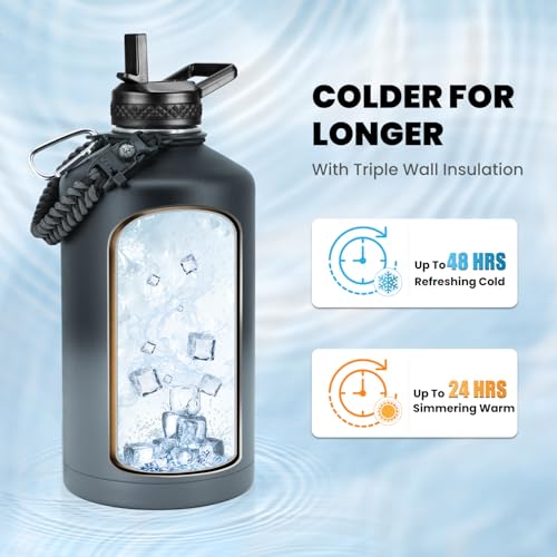 RAYMYLO One Gallon Water Bottle Insulated, Triple Walled Vacuum Stainless Steel (Cold for 48 Hrs), Leak Proof & Non-BPA, Large Water Flask Jug with Paracord Handle & Straw Spout Lids - Image 2