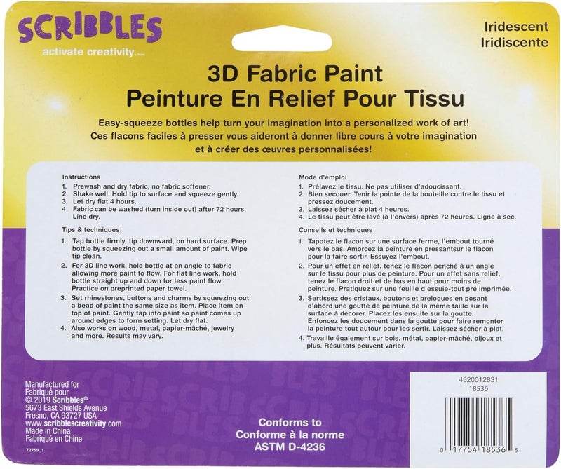 SCRIBBLES 18536 Dimensional Fabric Paint Iridescent 6Pack 1 oz - Image 2