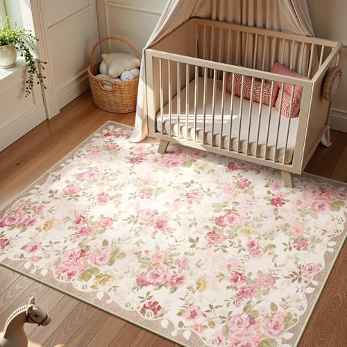 La Home Lahome Floral Washable Rugs 5x7,Rugs for Living Room Boho Area Rug,Vintage Rugs for Bedroom Girls Non Slip Low Pile Ultra-Thin Large Carpet for Farmhouse,Dining Room,Kids Playroom Dorm (5'X7',Beige) - Image 3