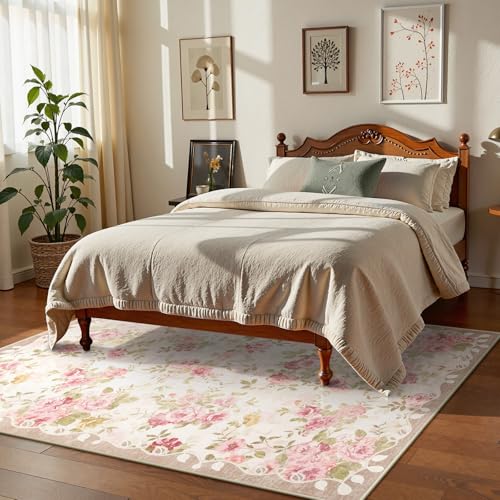 La Home Lahome Floral Washable Rugs 5x7,Rugs for Living Room Boho Area Rug,Vintage Rugs for Bedroom Girls Non Slip Low Pile Ultra-Thin Large Carpet for Farmhouse,Dining Room,Kids Playroom Dorm (5'X7',Beige) - Image 2