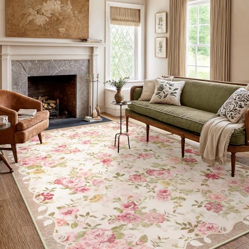 La Home Lahome Floral Washable Rugs 5x7,Rugs for Living Room Boho Area Rug,Vintage Rugs for Bedroom Girls Non Slip Low Pile Ultra-Thin Large Carpet for Farmhouse,Dining Room,Kids Playroom Dorm (5'X7',Beige) - Image 1