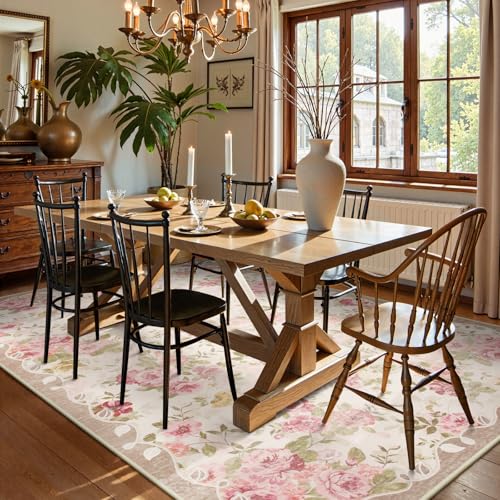 La Home Lahome Floral Washable Rugs 5x7,Rugs for Living Room Boho Area Rug,Vintage Rugs for Bedroom Girls Non Slip Low Pile Ultra-Thin Large Carpet for Farmhouse,Dining Room,Kids Playroom Dorm (5'X7',Beige) - Image 4