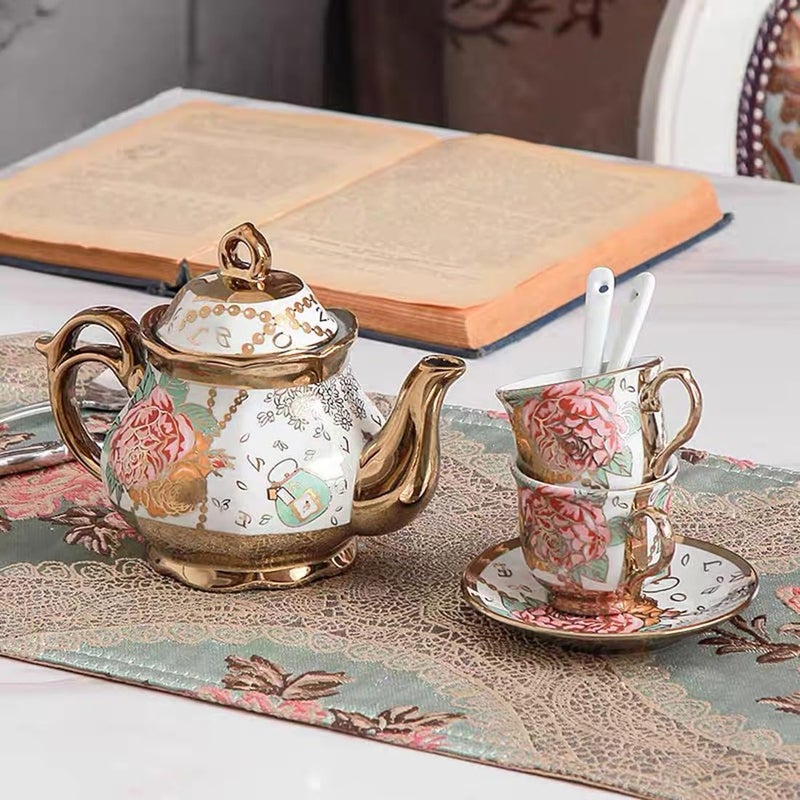 CHANJOON Gold Plated Red Rose Ceramic Tea Set, Vintage Teapot, Beautiful Tea Set Coffee Serving 6 People (Golden, large) - Image 4